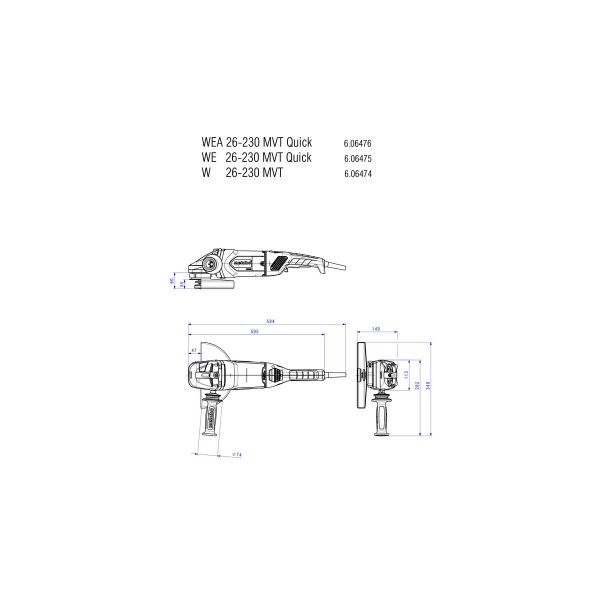 W 26-230 MVT Amoladora angular/Cartón  con empuñadura principal girable, interruptor de hombre muert