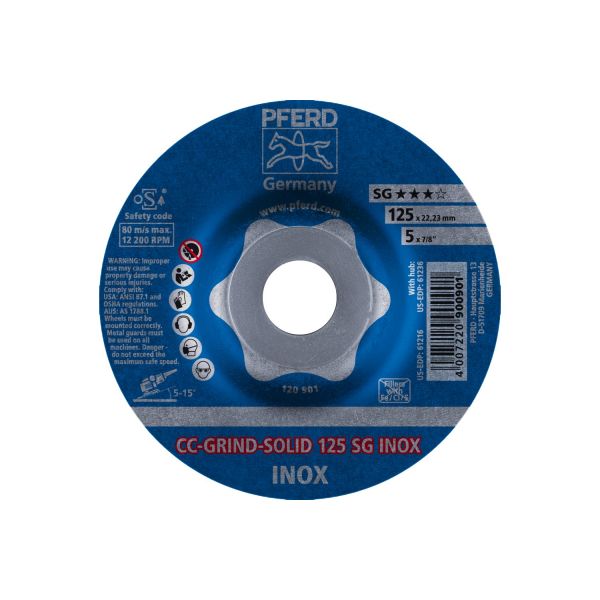 Disco de desbaste CC-GRIND-SOLID 125x22,23 mm COARSE línea de rendimiento SG INOX para acero inoxida