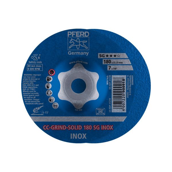 Disco de desbaste CC-GRIND-SOLID 180x22,23 mm COARSE línea de rendimiento SG INOX para acero inoxida