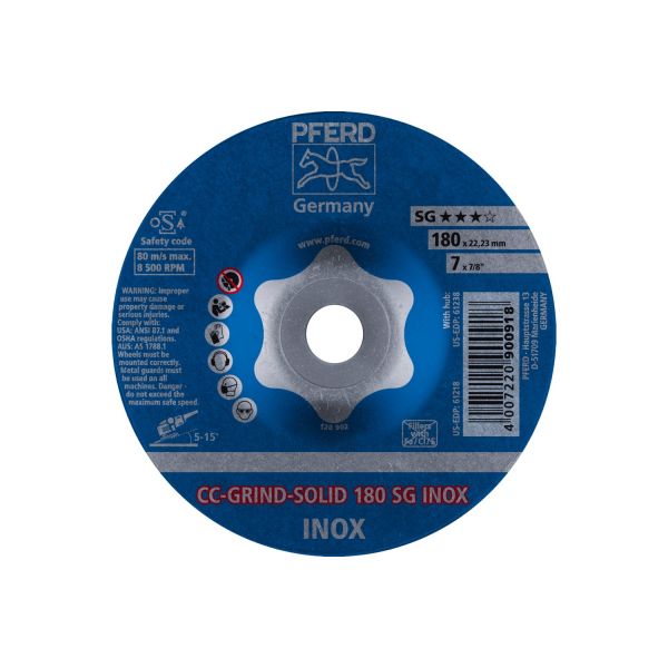 Disco de desbaste CC-GRIND-SOLID 180x22,23 mm COARSE línea de rendimiento SG INOX para acero inoxida