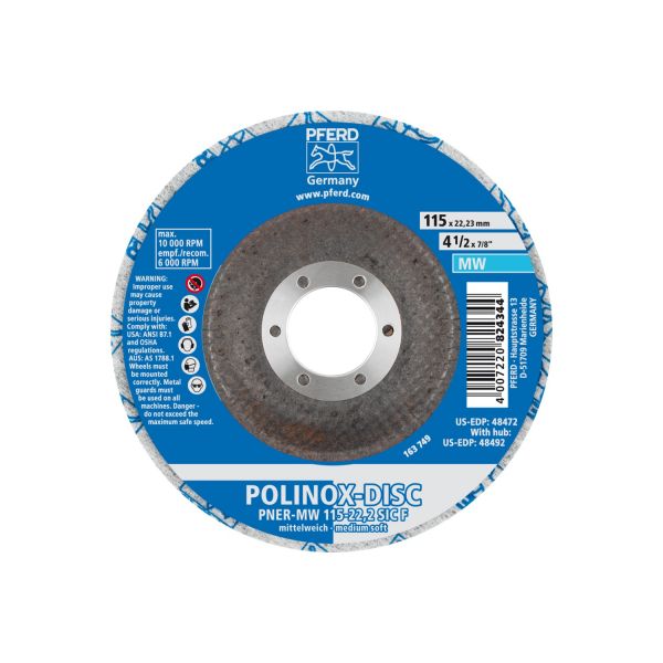 Disco de vellón prensado POLINOX DISC PNER 115 mm agujero Ø 22,23 mm semiblando SIC fino para acabad