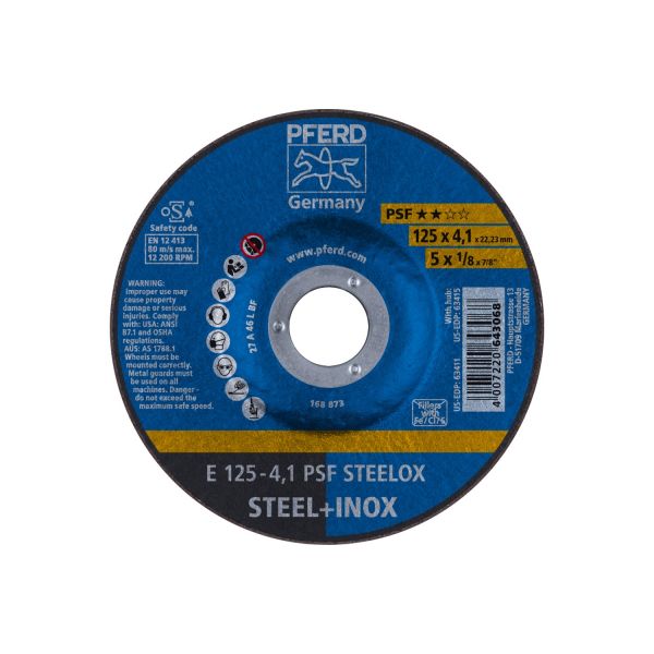 Disco de desbaste E 125x4,1x22,23 mm línea universal PSF STEELOX para acero/acero inoxidable
