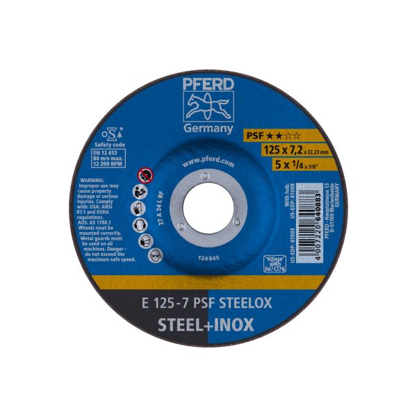 Disco de desbaste E 125x7,2x22,23 mm línea universal PSF STEELOX para acero/acero inoxidable