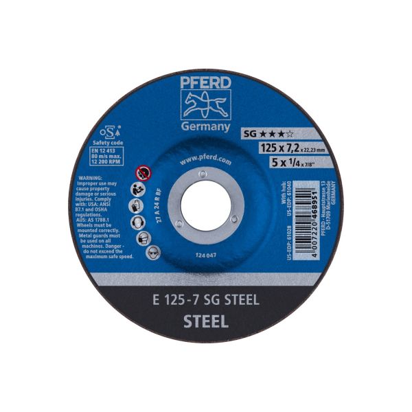 Disco de desbaste E 125x7,2x22,23 mm línea alto rendimiento SG STEEL para acero