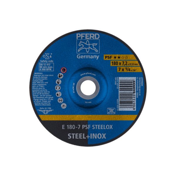 Disco de desbaste E 180x7,2x22,23 mm línea universal PSF STEELOX para acero/acero inoxidable