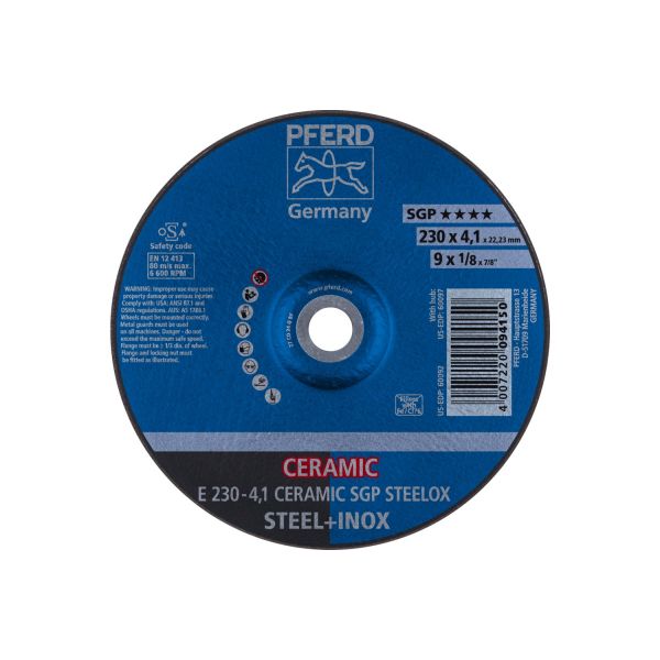 Disco de desbaste E 230x4,1x22,23 mm CERAMIC línea alto rendimiento SG STEELOX para acero/acero inox