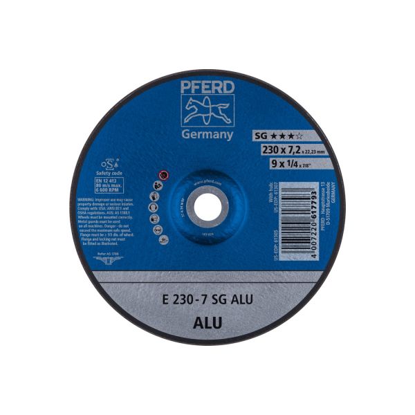 Disco de desbaste E 230x7,2x22,23 mm línea alto rendimiento SG ALU para aluminio