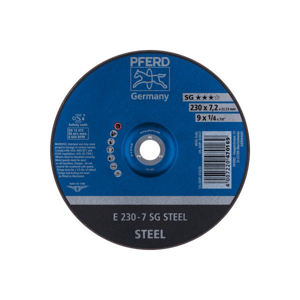 Disco de desbaste E 230x7,2x22,23 mm línea alto rendimiento SG STEEL para acero