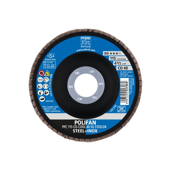 Disco de láminas lijadoras POLIFAN PFC 115x22,23 mm cónico CO-COOL 40 SG STEELOX acero/acero inoxida