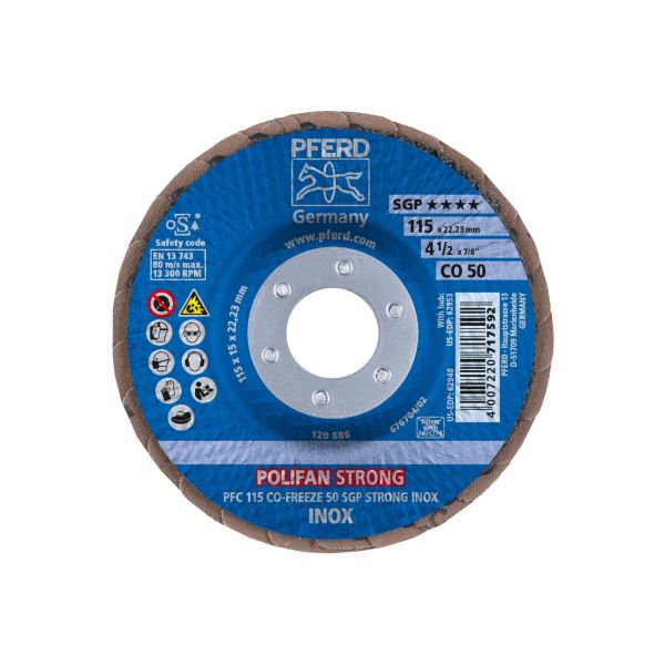 Disco de láminas lijadoras STRONG POLIFAN PFC 115x22,23 mm cónico CO-FREEZE 50 SGP INOX acero inoxid