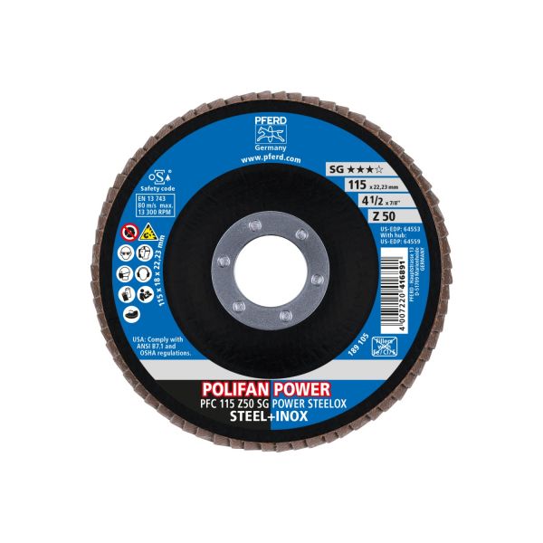 Disco de láminas lijadoras POLIFAN POWER PFC 115x22,23 mm cónico Z50, línea rendimiento SG STEELOX p