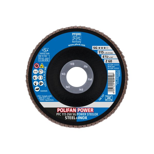 Disco de láminas lijadoras POWER POLIFAN PFC 115x22,23 mm cónico Z60 SG STEELOX acero/acero inoxidab