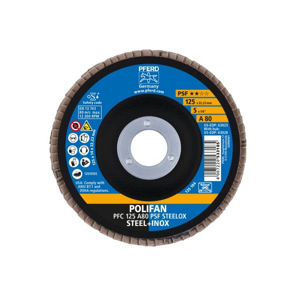 Disco de láminas lijadoras POLIFAN PFC 125x22,23 mm cónico A80 línea universal PSF STEELOX acero/ace