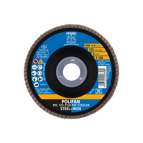 Disco de láminas lijadoras POLIFAN PFC 125x22,23 mm cónico Z120 línea universal PSF STEELOX acero/ac
