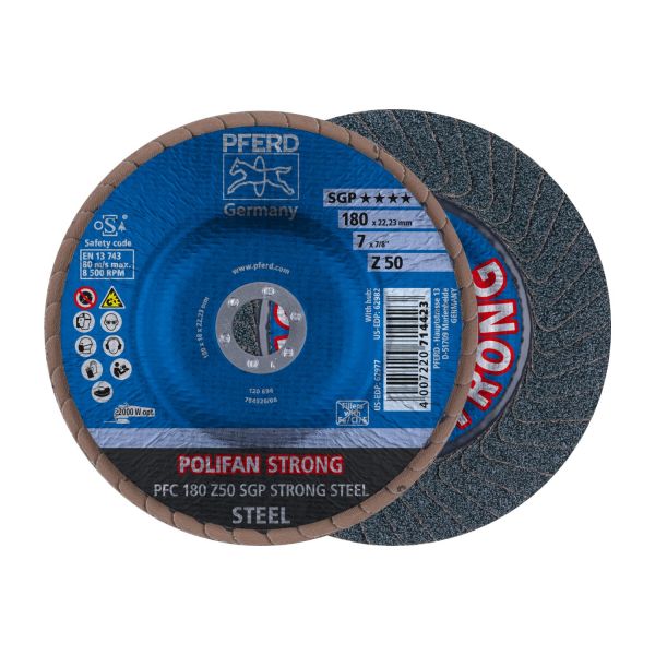 Disco de láminas lijadoras STRONG POLIFAN PFC 180x22,23 mm cónico Z50 línea SGP STEEL para acero