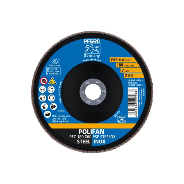 Disco de láminas lijadoras POLIFAN PFC 180x22,23 mm cónico Z60 línea universal PSF STEELOX acero/ace