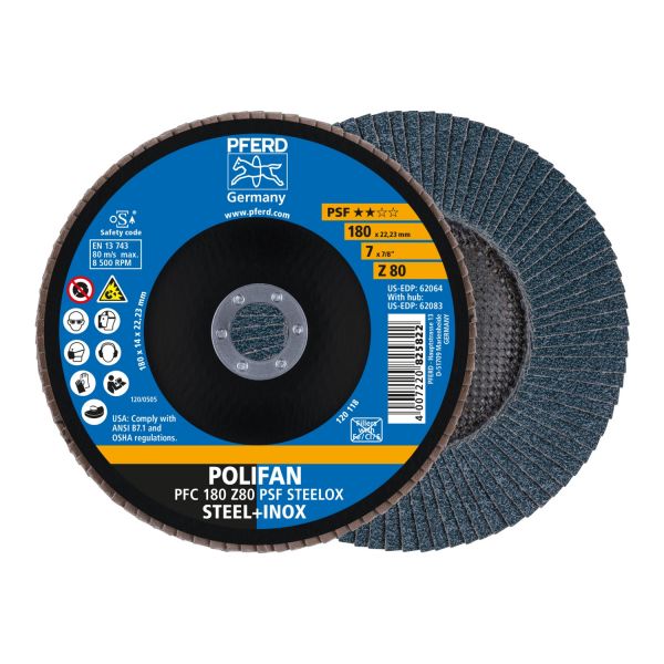 Disco de láminas lijadoras POLIFAN PFC 180x22,23 mm cónico Z80 línea universal PSF STEELOX acero/ace