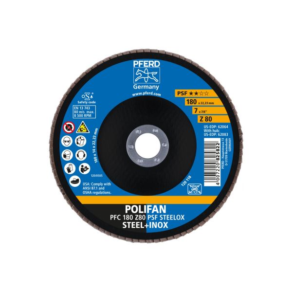 Disco de láminas lijadoras POLIFAN PFC 180x22,23 mm cónico Z80 línea universal PSF STEELOX acero/ace