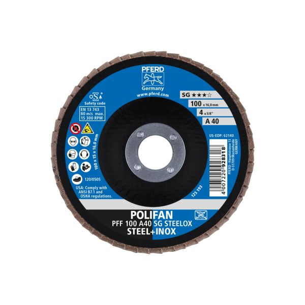 Disco de láminas lijadoras POLIFAN PFF 100x16 mm plano A40 línea alto rendimiento SG STEELOX acero/a