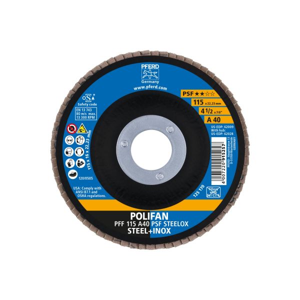 Disco de láminas lijadoras POLIFAN PFF 115x22,23 mm plano A40 línea universal PSF STEELOX acero/acer