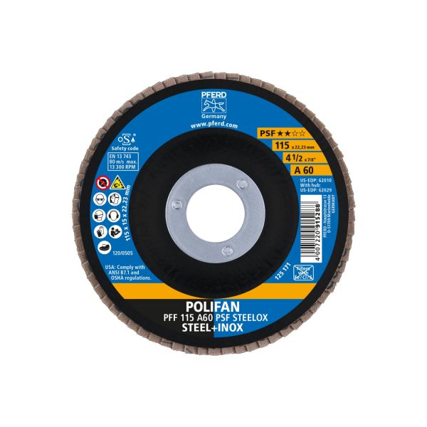 Disco de láminas lijadoras POLIFAN PFF 115x22,23 mm plano A60 línea universal PSF STEELOX acero/acer
