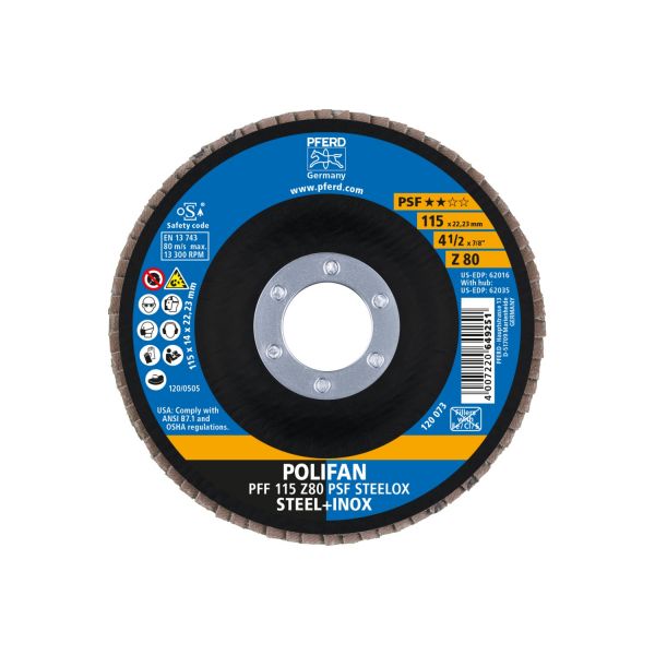 Disco de láminas lijadoras POLIFAN PFF 115x22,23 mm plano Z80 línea universal PSF STEELOX acero/acer