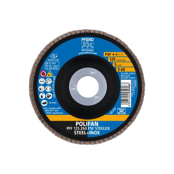 Disco de láminas lijadoras POLIFAN PFF 125x22,23 mm plano Z60 línea universal PSF STEELOX acero/acer